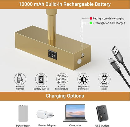 Tipace Dimmable Cordless Picture Light with Controller and Timer, Rechargeable 10000mAh Battery Wall Sconce for Wall Pictures, Gallery Artwork, Paintings, Portraits, Dartboards (Gold)