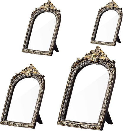 Thyle 4 Pcs Vintage Gold Antique Mirror Set Arch Retro Resin Baroque Decorative Makeup Mirror Square Hanging Wall Desk Tabletop Room Bedroom Bathroom Gallery (13x9 10x7 8x5 7x4) (Dark Color)