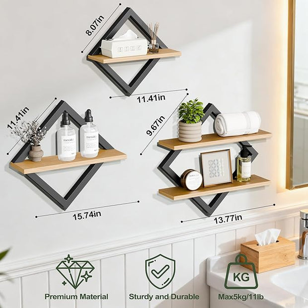 Floating Shelves Set of 3-2-Tier Hanging Wall Mounted Shelves, Decorative Storage Shelf for Living Room, Bedroom, Bathroom & Kitchen, Rustic Brown (3)