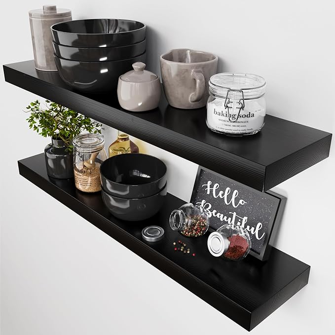 BAOBAB WORKSHOP Solid Wood Floating Shelves for Wall 30 Inches Long, Real Wooden Bathroom Shelf Large, Heavy Duty Wall Shelves Mounted Kitchen Bedroom, Black Shelf, 30W × 6.7D, Set of 2