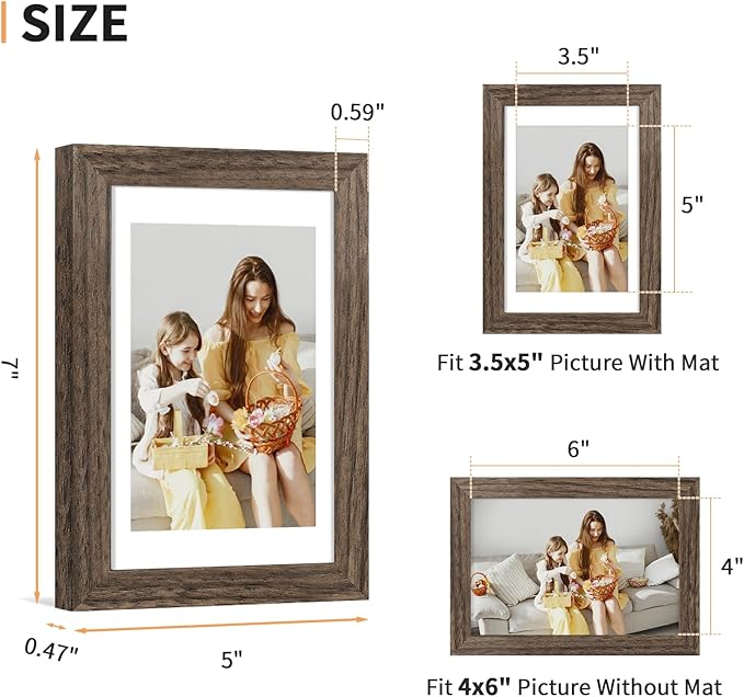 ATOBART 4x6 Picture Frame Set of 4, Displays 3.5x5 with Mat or 4x6 Without Mat, Photo Frames for Wall Hanging or Tabletop, Includes HD Plexiglass, Brown