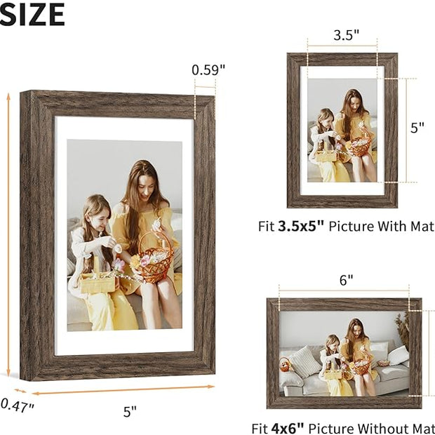 ATOBART 4x6 Picture Frame Set of 4, Displays 3.5x5 with Mat or 4x6 Without Mat, Photo Frames for Wall Hanging or Tabletop, Includes HD Plexiglass, Brown