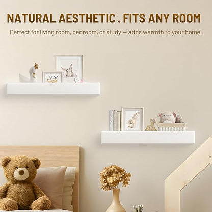 24 Inch Picture Ledge Shelf with Lip,Floating Shelves for Wall, Set of 2 Solid Pine Wood Shelves with Invisible Brackets, Wall Storage for Living Room, Bedroom, Kitchen, Bathroom(White)