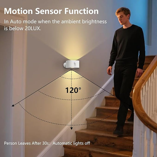 Motion Sensor Wall Light Indoor, Battery Operated Sconce 360°Rotate, Rechargeable Cordless Night Light, Touch Dimmable 3 Brightness, UP Down LED Wall Lamp for Stairs, Closet, Bedroom, Bathroom