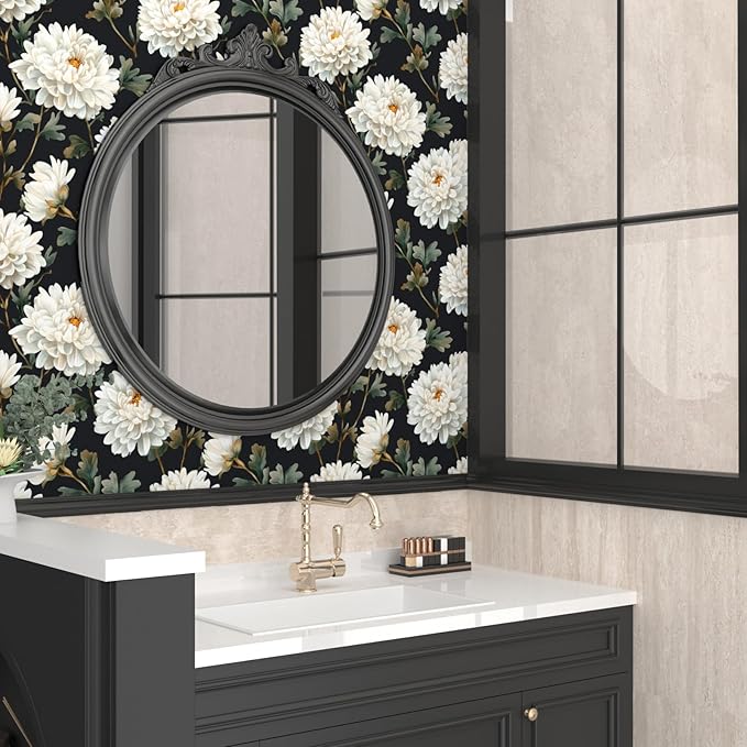 Black White Floral Peel and Stick Wallpaper Chrysanthemum Contact Paper 17.5" × 118" Waterproof Vinyl Self Adhesive Vintage Dark Flower Wall Paper for Bedroom Walls Cabinet Locker Decor
