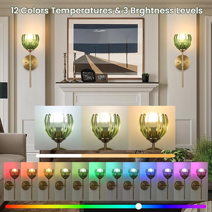 Vintage Battery Operated Wall Sconce Set of Two,Rechargeable Wall Lights with RGB Dimmable Detachable Bulbs and Remote,12 Colors Wireless Wall Lamps for Bedroom Living Room Hallway (Green)
