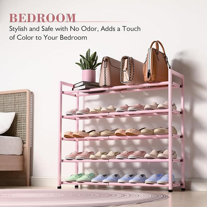 Bumusty 5-Tier Expandable Shoe Rack for Closet, 18“-33” Adjustable Shoe Rack for Small Space, Small Shoe Organizer for Front Door, Sturdy Metal (Pink)