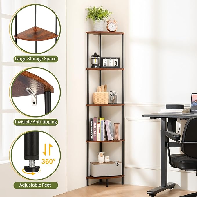 Yoobure Corner Shelf Stand, 5-Tier Bookshelf, 65
