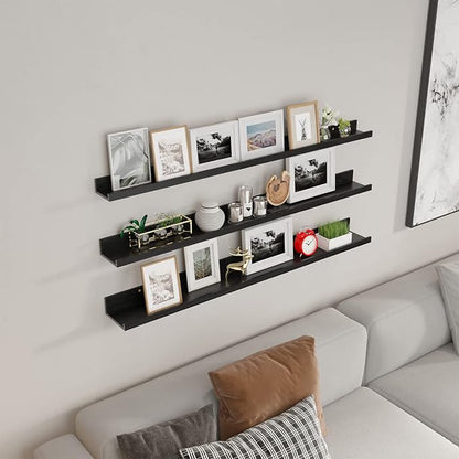 Giftgarden 47 Inch Black Floating Shelves Ledge, Wall Mount Long Picture Rail Large Woodgrain Photo Shelving for Living Room Bedroom Office, Set of 3 Different Sizes