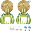 Vintage Battery Operated Wall Sconce, Green Tulip Glass Lampshade Wireless Rechargeable Battery Powered LED Wall Light with Remote Dimmable for Bedside Bedroom Doorway Living Room, Set of 2