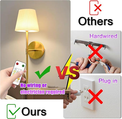 10000mAh Battery Operated Wall Sconces Set of One, Gold Rechargeable Wall Lights with Remote & Touch Control,Dimmable 3 Color Temperature Wall Decor for Bedroom Living Room Hallway