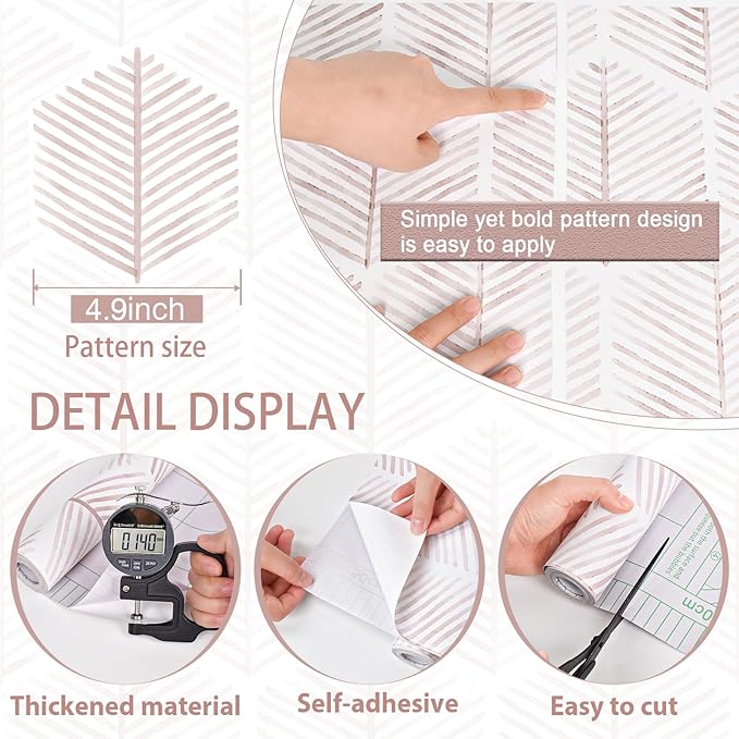 MelunMer Pink Modern Peel and Stick Wallpaper Boho Removable Self Adhesive 787''L 17.3''W Wallpaper for Bedroom/Bathroom Waterproof Contact Paper for Cabinets/Drawers Geometric Contact Paper Pink