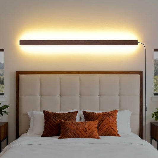 Farmhouse Plug in Long Wall Sconce, 39.3" Faux Walnut Finish LED Wall Lights, 20W Warm White 3000K Acrylic Indoor Wall lamp, with 59" Plug Cable for Bedroom, Living Room, Hallway