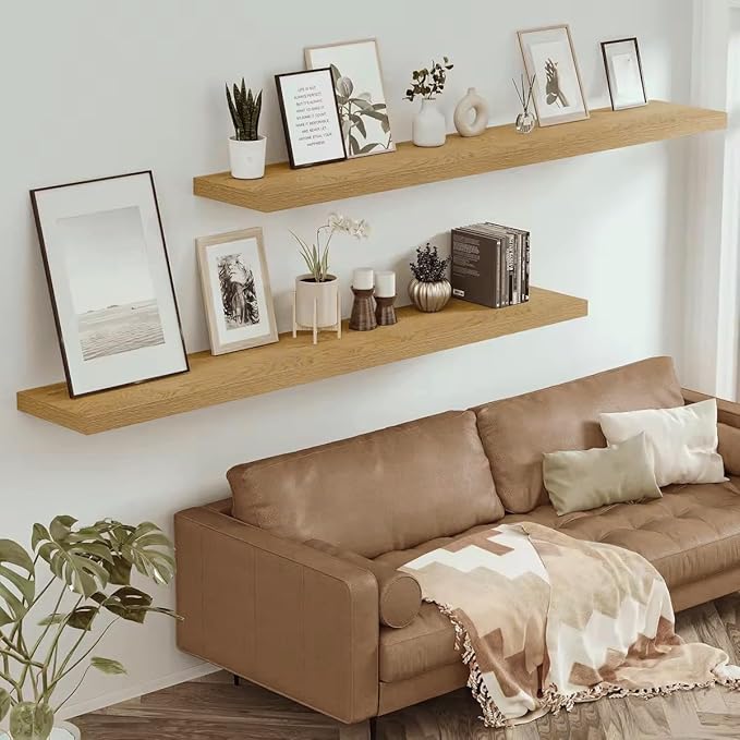 Vivelove 12" Deep Floating Shelves with Invisible Brackets, 72" Wall Shelves for Bathroom Bedroom Kitchen Living Room Laundry Room, Modern Rustic Shelves for Home Decor, 72"x12"x2", Set of 1, Oak