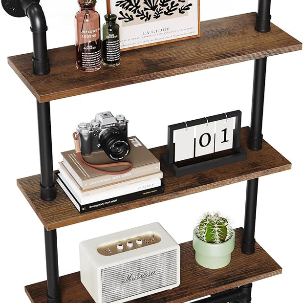 Merapi 24" Industrial Floating Shelves with Tower Bar, Pipe Shelves for Wall, 3 Tier Rustic Wood Wall Shelves for Home Décor, Bedroom, Living Room, Bathroom