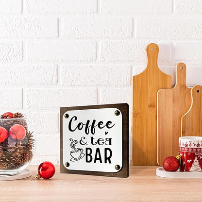 Coffee & Tea Bar Sign, Coffee Bar Decor, Wooden Box Signs Decors Art, Farmhouse Desk Sign, Kitchen Decor, Shelf Table Decoration, Stylish Decoration for Home Cafe Coffees Bar