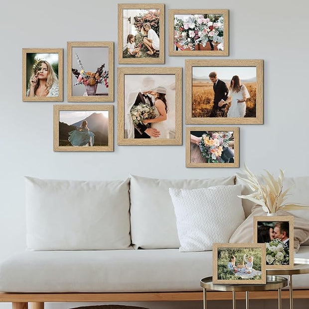 LUCKYLIFE Picture Frame Set 10-Pack, Gallery Wall Frame Collage with 8x10 5x7 4x6 Frames in Natural Woodgrain Finishes