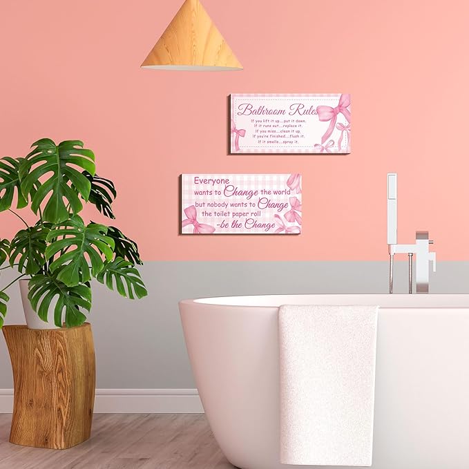 Jetec 2 Pieces Funny Bathroom Signs Bathroom Wall Decor Toilet Wall Accessories Farmhouse Toilet Rustic Wooden Signs, 12x6 Inch(Pink Bow Style)