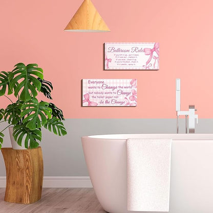 Jetec 2 Pieces Funny Bathroom Signs Bathroom Wall Decor Toilet Wall Accessories Farmhouse Toilet Rustic Wooden Signs, 12x6 Inch(Pink Bow Style)