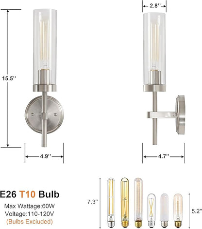 Wall Sconces Set of Two,Brushed Nickel Bathroom Sconces Wall Lighting with Clear Glass, Modern Sconces Wall Decor Set of 2 Wall Light fixtures for Bathroom Mirror Living Room Hallway Bedroom Wall Lamp