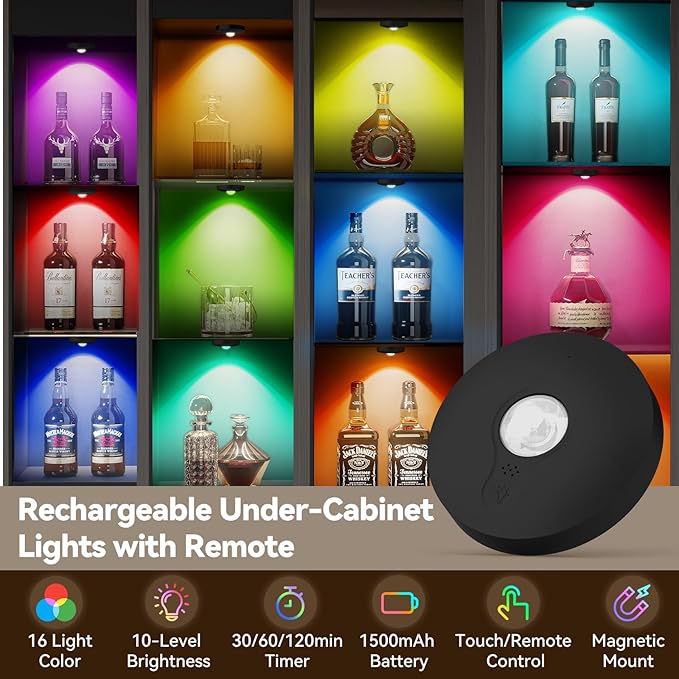 Rechargeable Puck Lights with Remote, 3 Pack Magnetic Under Cabinet Lighting, 1500mAh Battery Operated LED Tap Lights with Dimmer & Timmer for Kitchen, Closet, Shelf - 3 Color Temps & 12 RGB, Black