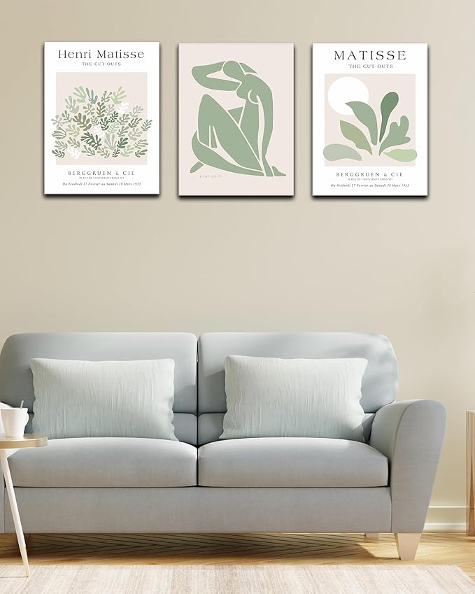 Matisse Sage Green Framed Wall Art,Abstract Green Canvas Wall Decor.12x16in Plants Botanical Poster Prints,Minimalist Classic Home Decoration for Living Room Bedroom Bathroom Office,Set of 3