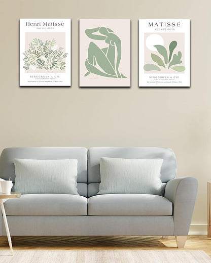 Matisse Sage Green Framed Wall Art,Abstract Green Canvas Wall Decor.12x16in Plants Botanical Poster Prints,Minimalist Classic Home Decoration for Living Room Bedroom Bathroom Office,Set of 3