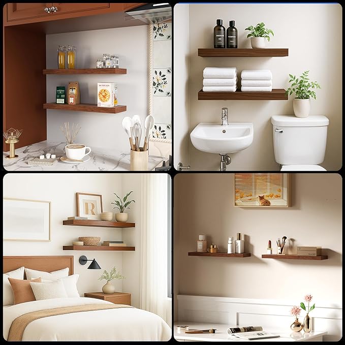 Floating Shelves for Wall, Bathroom Shelves Over Toilet, Wall Shelves & Book Shelf for Room, Hanging Shelf, Modern Wooden Mounted Floating Shelves, 24x7x1.5 in (Walnut-Like, Set of 2)