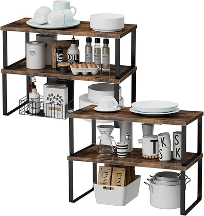 Cabinet Shelf Organizers, 15.7 inches Large Kitchen Counter Shelf, Set of 4 Wood Kitchen Pantry Organizer, Storage Shelves for Countertop, Spice Rack, Stackable, Expandable, Metal Black, Brown