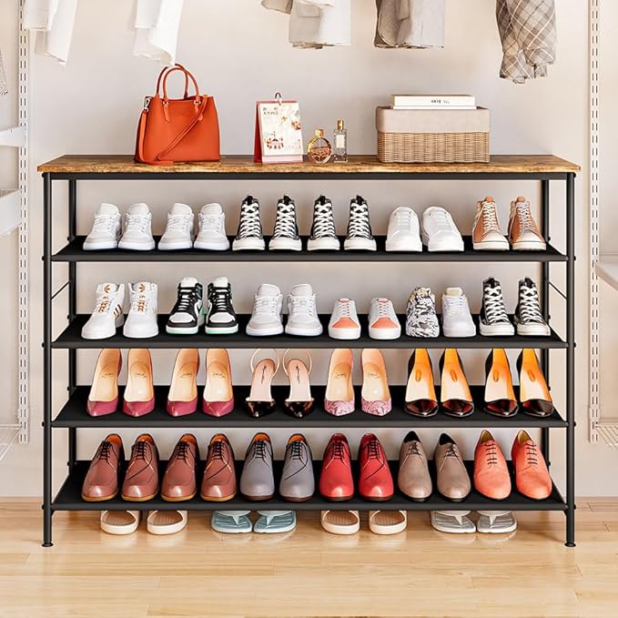Shoe Rack Organizer 5 Tier Metal Organizer Shelf with Industrial MDF Board and Layer Fabric for Entryway Closet Bedroom Living Room Garage (Black+Rustic Brown, 5 Tier(47.2" W))