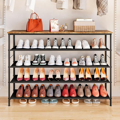 Shoe Rack Organizer 5 Tier Metal Organizer Shelf with Industrial MDF Board and Layer Fabric for Entryway Closet Bedroom Living Room Garage (Black+Rustic Brown, 5 Tier(47.2" W))