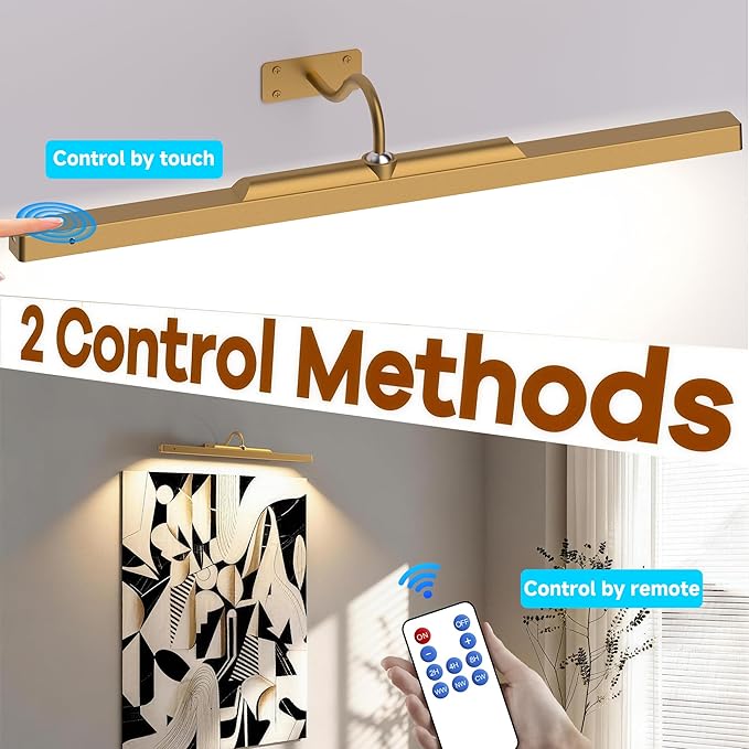Art Light for Wall Picture Brass, 6000mAh Rechargeable Wireless Wall Sconce,Battery Operated Remote Dimmable Lighting for Hallway Sconce(24 in, 2 Pack)