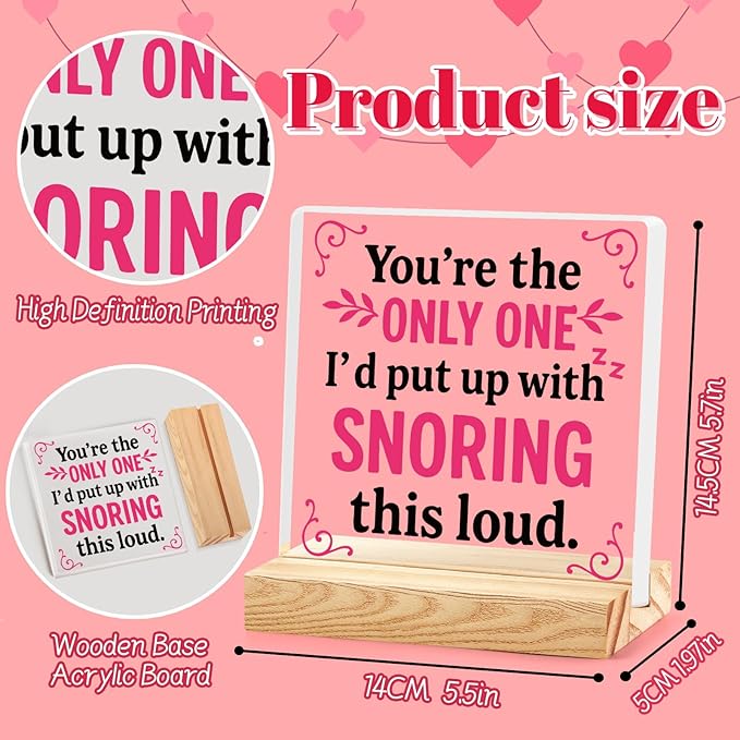 Valentines Desk Decor, Happy Valentine's Day Home Office Table Sign for Porch Tiered Tray Shelf Party, Rustic Romantic Acrylic Gifts Decorations for Him Her Wife, The Only One With Snoring This Loud