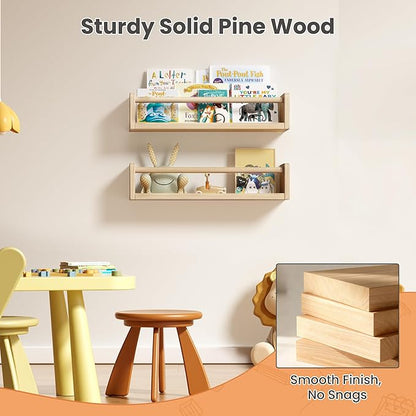 upsimples 2 Pack Nursery Book Shelves, 15.7 Inch Floating Bookshelves for Wall, Baby Nursery Decor, Small Solid Wood Wall Mounted Shelves for Baby Kids Boys Girls, Natural
