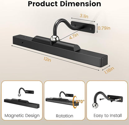 Gallery Picture Lights 3 Pack, 4400mAh Rechargeable Arwork Lights, Cordless Remote Dimmable LED for Portrait Hallway Decor (Black)