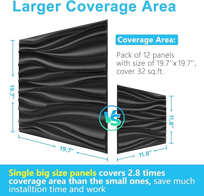 STICKGOO Black 3D Wall Panels, Wave Design Textured PVC Wall Panels, 19.7''x19.7'' Modern Accent Wall Panels for Interior Wall Decor Bedroom Office Living Room