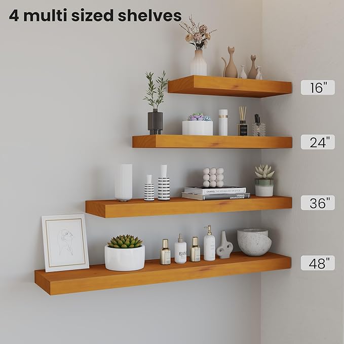 Pine Floating Wall Shelves Set of 2, 16 Inches Long x 8”x 1.4” Shelf Floating Rustic Farmhouse Decor, Heavy Duty Shelf, Wall Shelves for Bathroom Living Room Kitchen Bedroom Office, Honey Oak