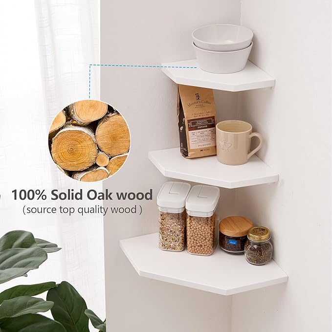 Corner Wall Shelves, Corner Floating Shelves Set of 2 Solid Oak Wood Display Shelf with Wire Hole Small Plant for Kitchen Living Room White,Oak 13.2inch