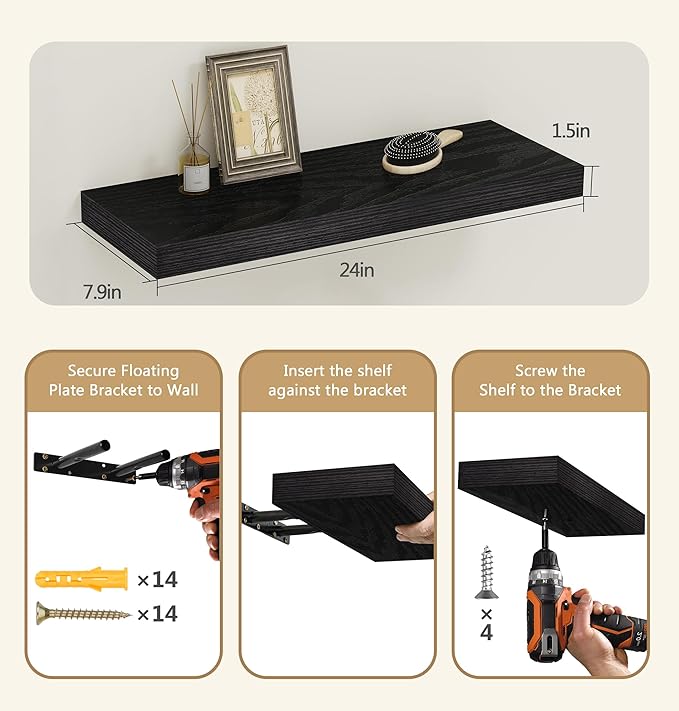 Vervida® 24 Inch Floating Shelves | Extra Deep & Thick Heavy-Duty Wall Storage for Bedroom/Living Room | Stylish Modern Design, Easy Install, Hidden Bracket Shelves (2 Pack)