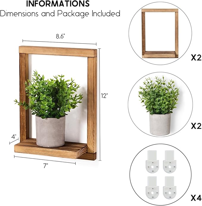 2 Pack Wooden Framed Shelves with Fake Plants for Home Wall Decor, Modern Farmhouse Wood Wall Art for Living Room, Bedroom, Bathroom