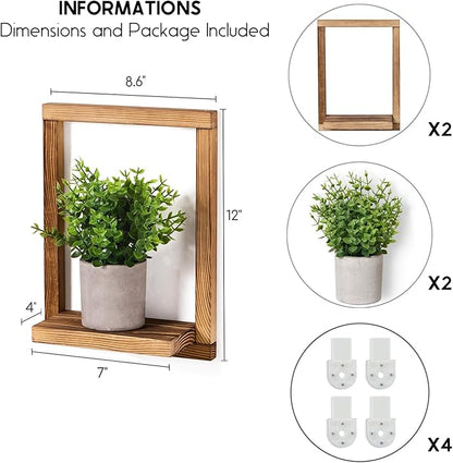 2 Pack Wooden Framed Shelves with Fake Plants for Home Wall Decor, Modern Farmhouse Wood Wall Art for Living Room, Bedroom, Bathroom