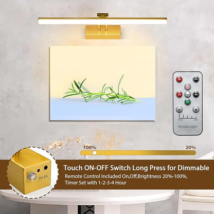 Picture Light, Battery Picture Lights with Remote of Timer and Dimmable, 20 Metal Art Light for Paintings,Display Lamp for Wall Gallery Dartboard Portrait Frame Artwork (Copper)