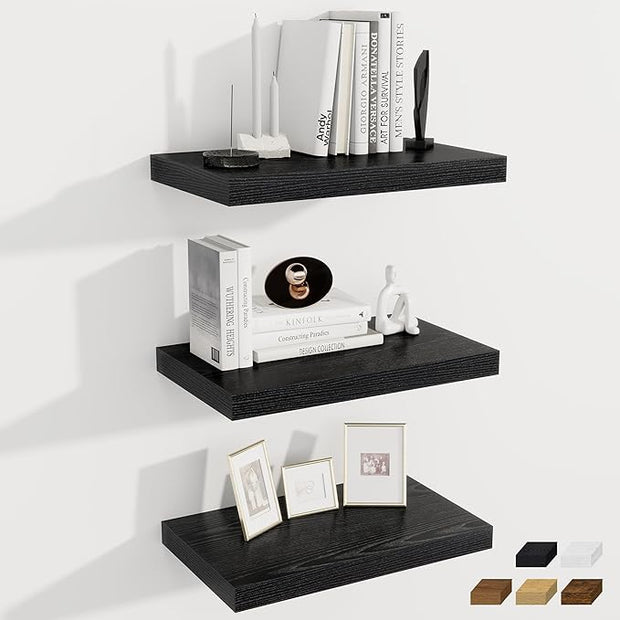 Fun Memories 12 Inch Deep Floating Shelves for Wall, 20 Inch Long Wall Mounted Storage Shelf with Invisible Brackets, 3 Pack Hanging Wood Shelf for Farmhouse, Bedroom, Kitchen, Living Room, Black
