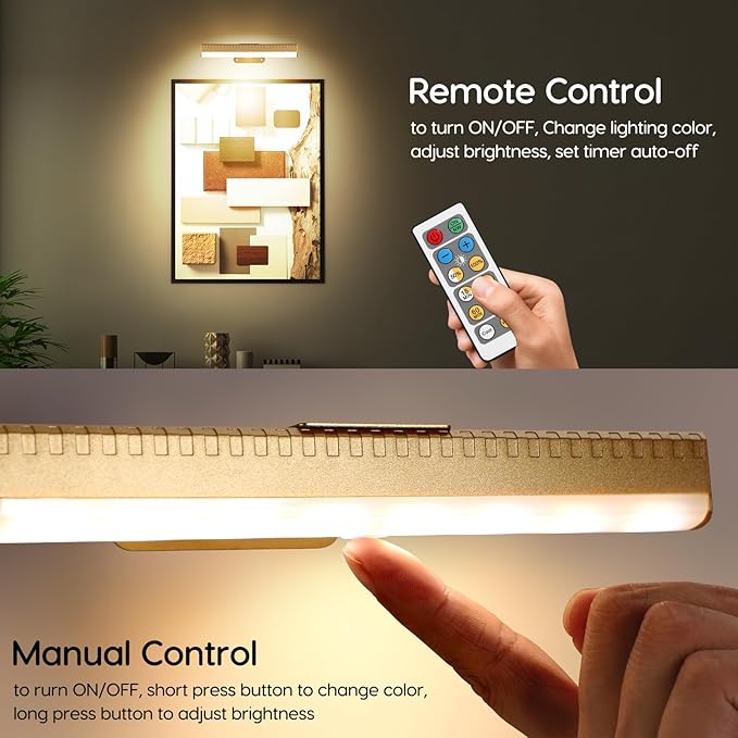 2Pcs Picture Light for Wall Dimmable,Remote Painting Light with Timer,Art Display Lighting with 3 Color, Battery Operated Led Accent Lights for Poster Frame Gallery Portrait Artwork-Gold