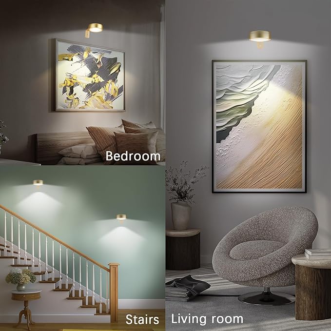 2 Pack Gold Battery Operated Picture Light, Wireless Picture Lights for Wall with Remote Dimmable Timer, Lighting Modes Pictures Frame Lights for Artworking, Magnetic Painting Light Wall Decor