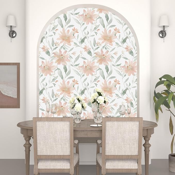 Vintage Floral Wallpaper Peel and Stick Pink Flowers Contact Paper 17.5'' x 393'' Green leaf Wallpaper Vinyl Waterproof Self Adhesive Boho Leaves Modern Wall Paper for Bedroom Cabinet Countertop Decor