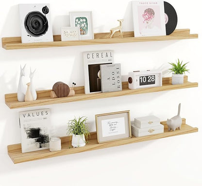 RICHFOCUS Floating Shelves for Wall, 48 inch Solid Wood Picture Ledge Shelf for Wall Storage, Nursery Book Shelves with Lip for Living Room Bathroom Bedroom Kitchen, Set of 3, Natural