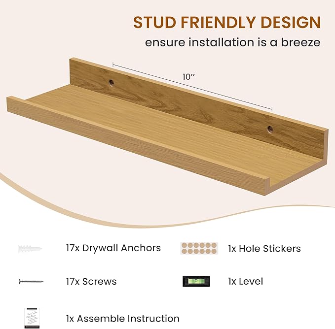 Axeman Picture Ledge Shelf, Floating Shelves for Decor Storage Set of 6, 16 inch Floating Wall Mounted Shelves, Wall Shelves with Lip for Living Room, Bedroom, Nursery, Bathroom, Kitchen, Oak