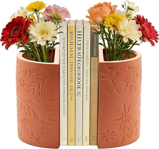 Decorative Bookends, Flower Pot Book Ends for Shelves, Terracotta Kitchen Bookends Novelty Plant Pot Holder, Office Book Shelf Accessories with Funny Indoor Plants Pot