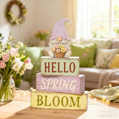 Spring Decoration Wooden Tiered Tray Decor – Rustic Hello Spring Bloom Gnome Stacked Block Sign with Flower Basket Topper – Farmhouse Tabletop Spring Decor for Living Room Shelf Kitchen Coffee Bar Seasonal Home Display